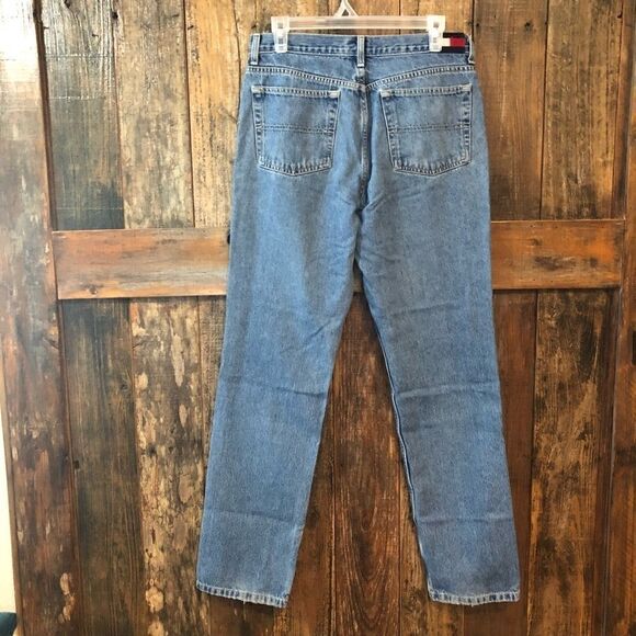 Tommy Hilfiger 9 Blue Denim Vintage High Waisted Large Logo Patch Faded Jeans - Picture 7 of 7